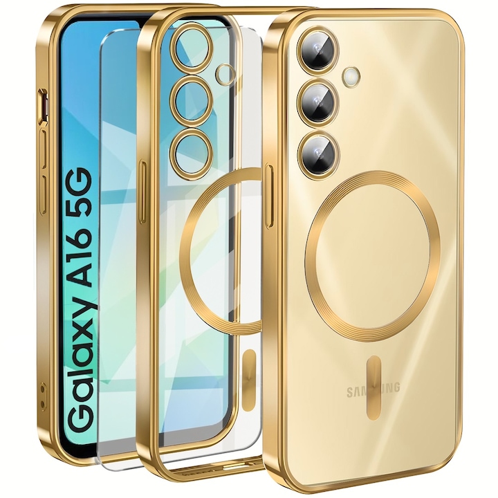 Set Husa/folie ecran pentru telefon Samsung Galaxy A16, Erbord, MagSafe, TPU, Auriu