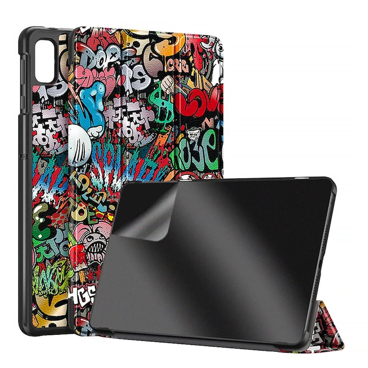 Set Husa Tableta din piele PU si Folie Silicon Matte pentru Samsung Galaxy Tab A8 10.5 inch SM-X200/SM-X205, Protectie Completa, Hydrogel Regenerabil, Full Glue, Interior Microfibra, Stand, Ecran Protejat, Colturi Anti-Soc, Multicolor