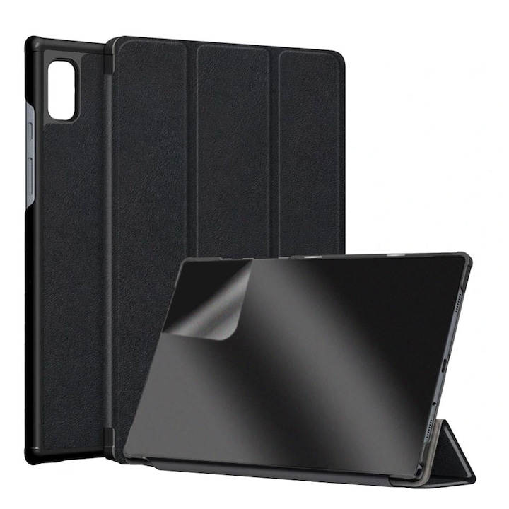 Set Husa Tableta din piele PU si Folie Silicon Matte pentru Samsung Galaxy Tab S6 10.5 T860/T865, Protectie Completa, Hydrogel Regenerabil, Full Glue, Interior Microfibra, Stand, Ecran Protejat, Colturi Anti-Soc, Negru