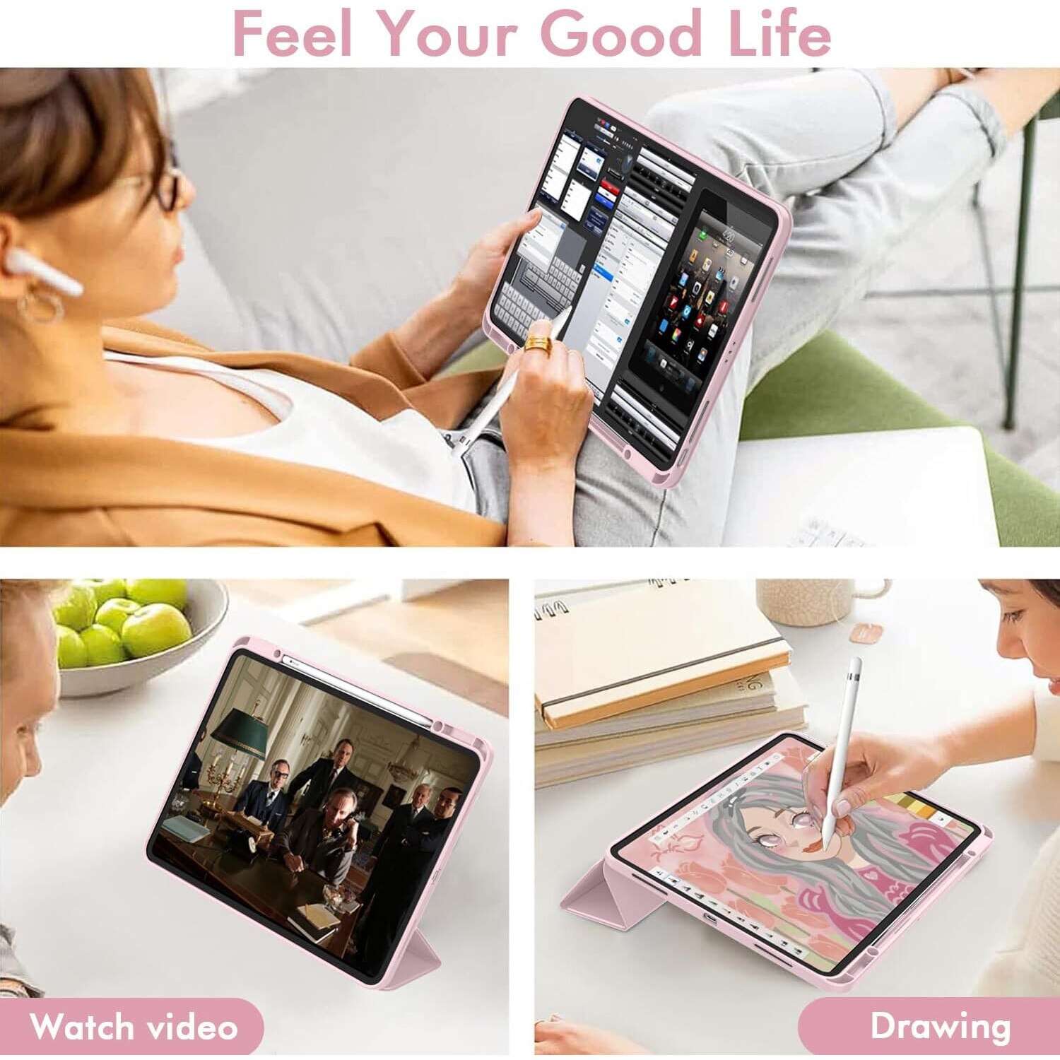 Husa de protectie flip cover pentru tableta compatibila cu Apple iPad Air 13 2024, Flex Trifold, cu stand, slot Pen, TPU, Roz deschis