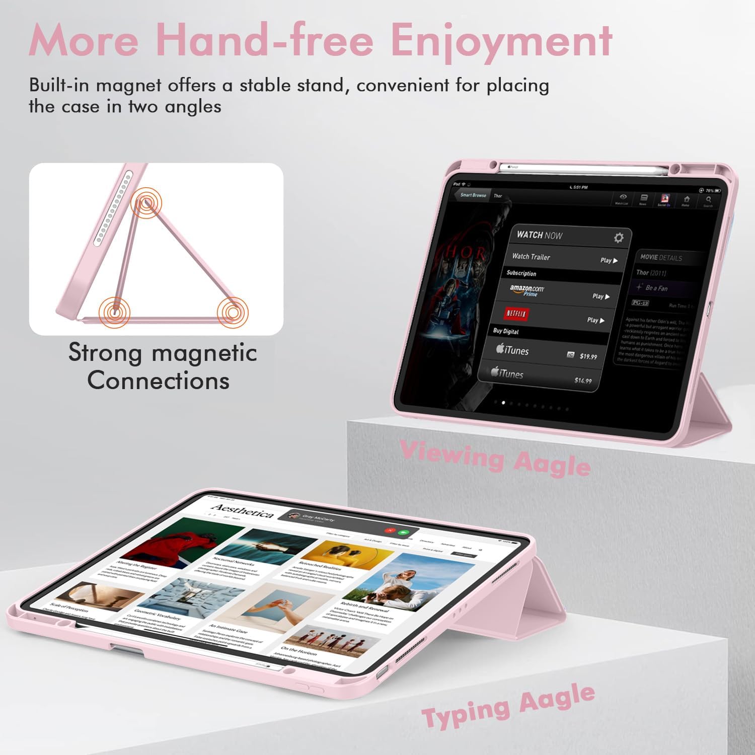 Husa de protectie flip cover pentru tableta compatibila cu Apple iPad Air 13 2024, Flex Trifold, cu stand, slot Pen, TPU, Roz deschis