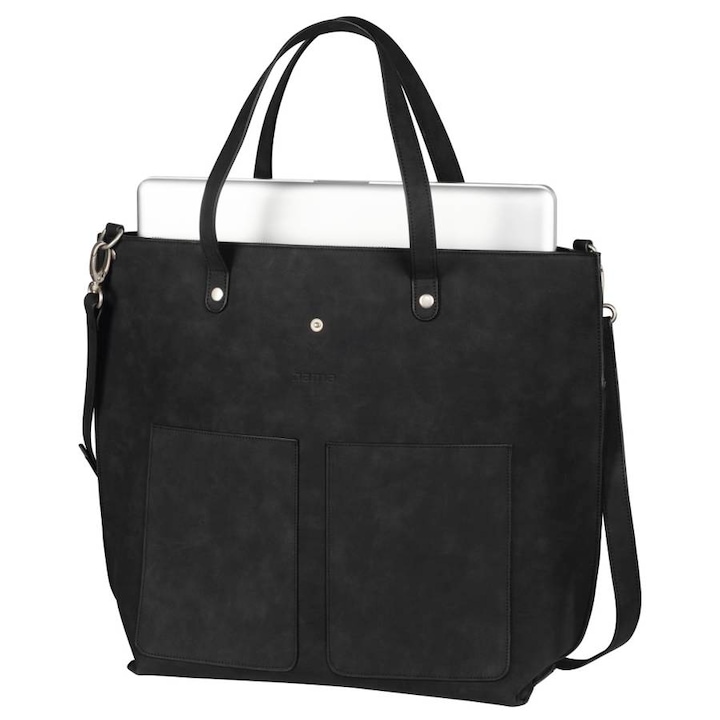 Geanta pentru laptop de dama, diagonala maxima 15.6", 2 buzunare frontale, inchidere cu fermoar si capsa, 49.5x59x13cm, piele ecologica, Negru