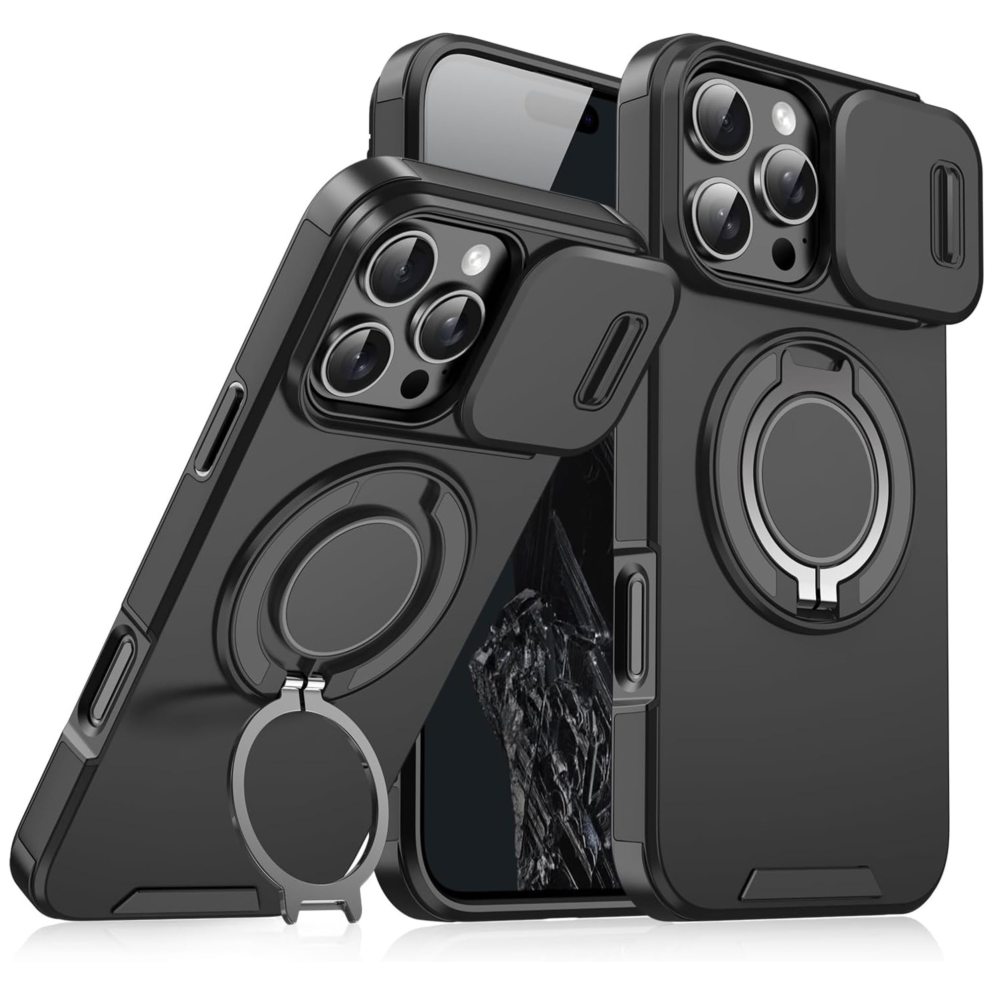 Husa iPhone 16 Pro Max Case, Carcasa Cu Suport Inel Metalic 360°, Compatibil Magsafe, Capac Camera, Prindere Auto, Protectie Antisoc Militara, Calitate Militara, Negru