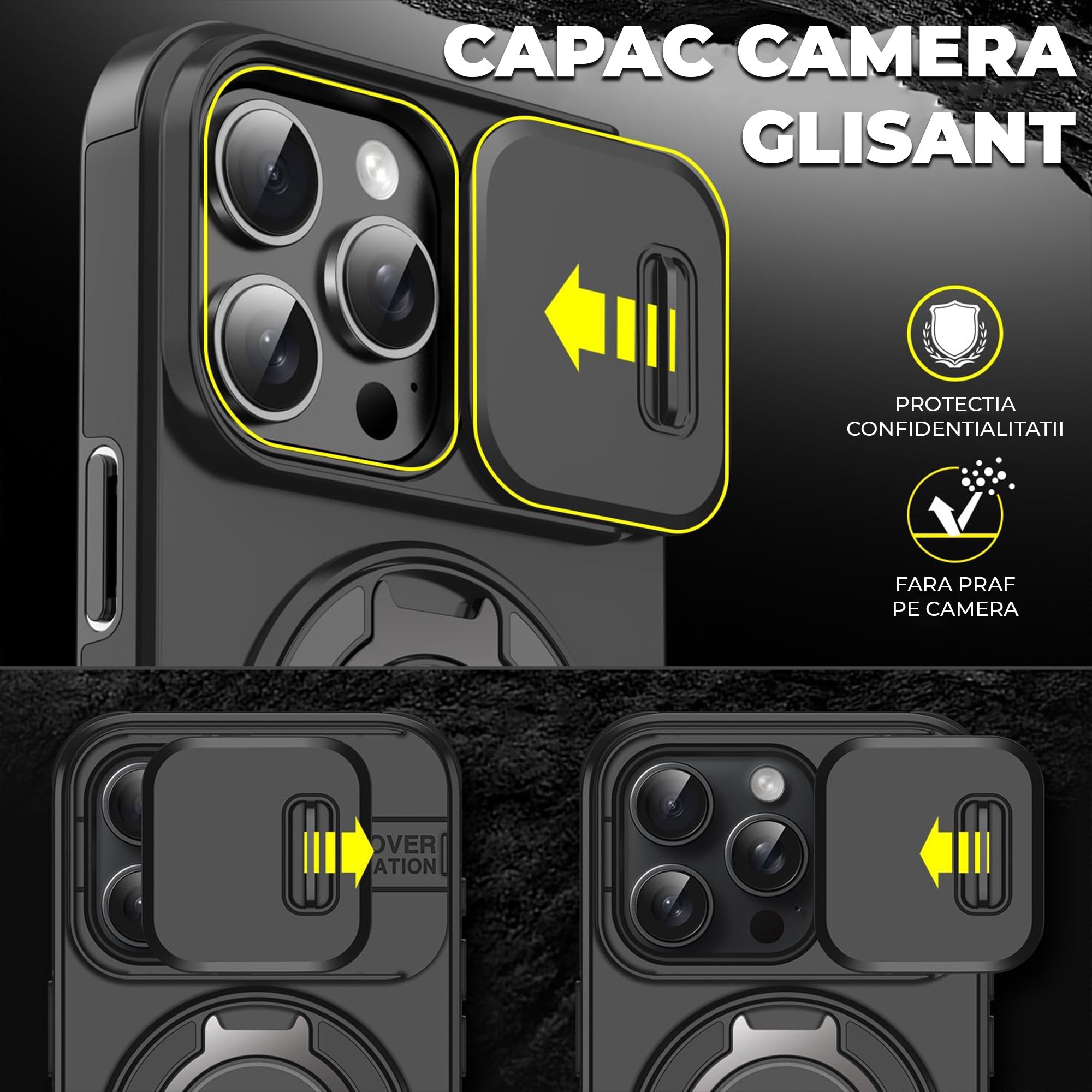 Husa iPhone 16 Pro Max Case, Carcasa Cu Suport Inel Metalic 360°, Compatibil Magsafe, Capac Camera, Prindere Auto, Protectie Antisoc Militara, Calitate Militara, Negru