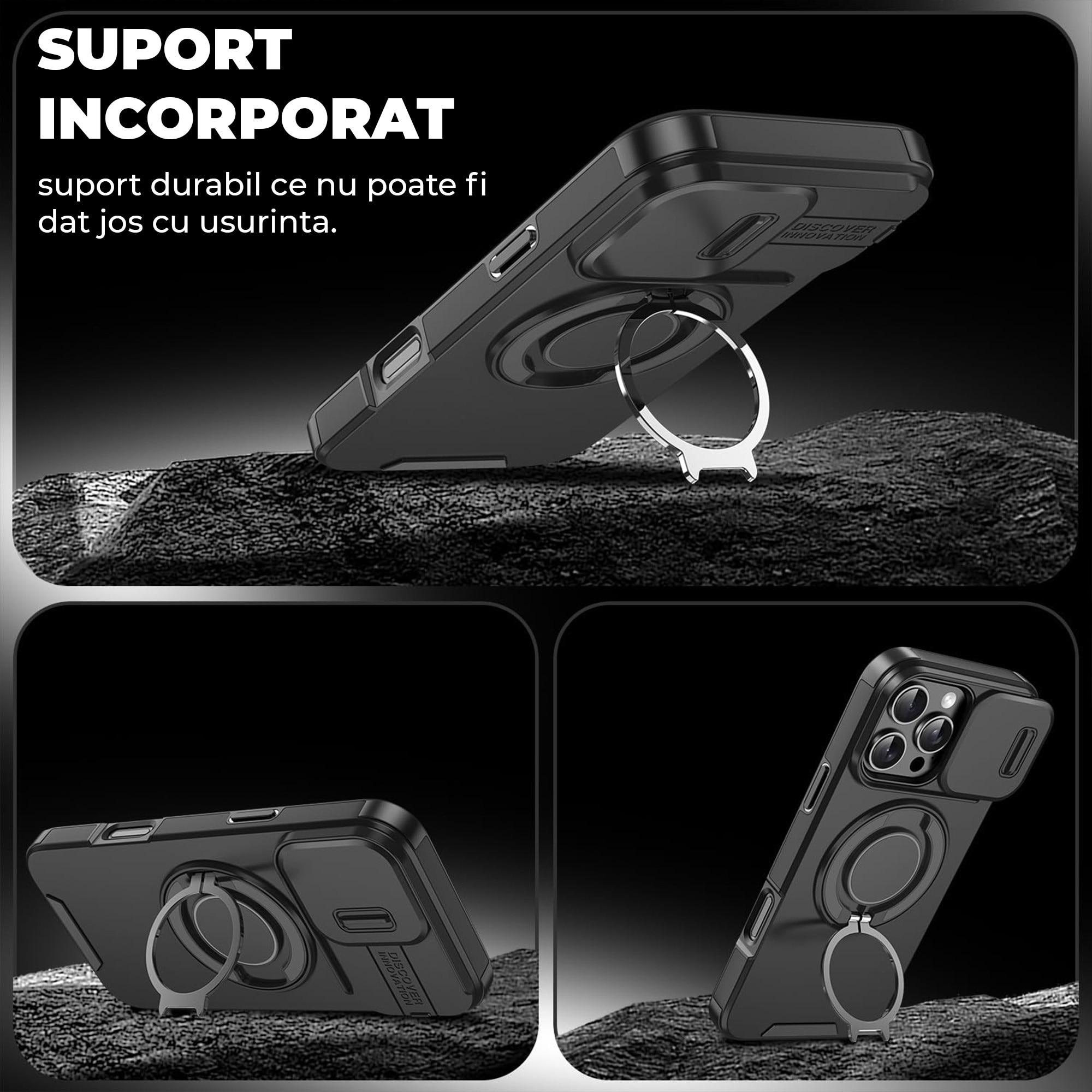 Husa iPhone 16 Pro Max Case, Carcasa Cu Suport Inel Metalic 360°, Compatibil Magsafe, Capac Camera, Prindere Auto, Protectie Antisoc Militara, Calitate Militara, Negru