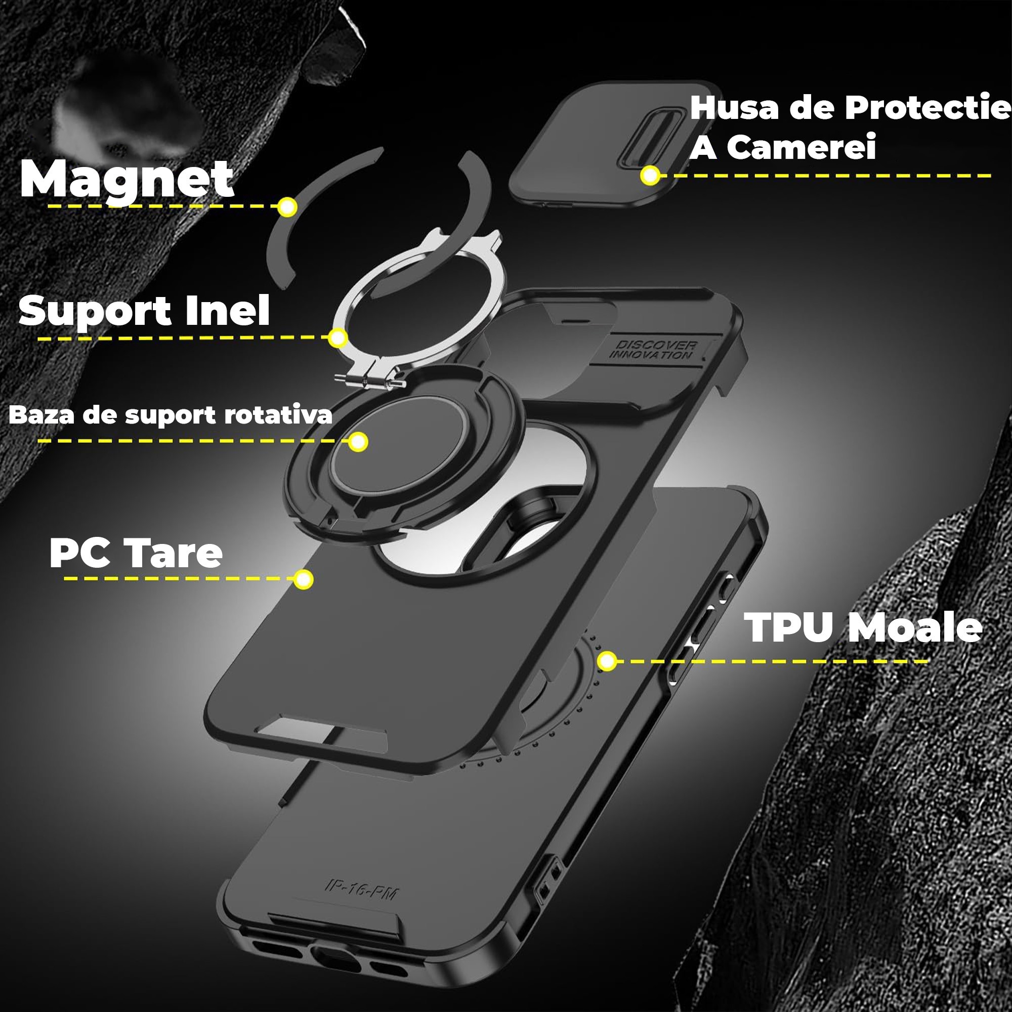 Husa iPhone 16 Pro Max Case, Carcasa Cu Suport Inel Metalic 360°, Compatibil Magsafe, Capac Camera, Prindere Auto, Protectie Antisoc Militara, Calitate Militara, Negru