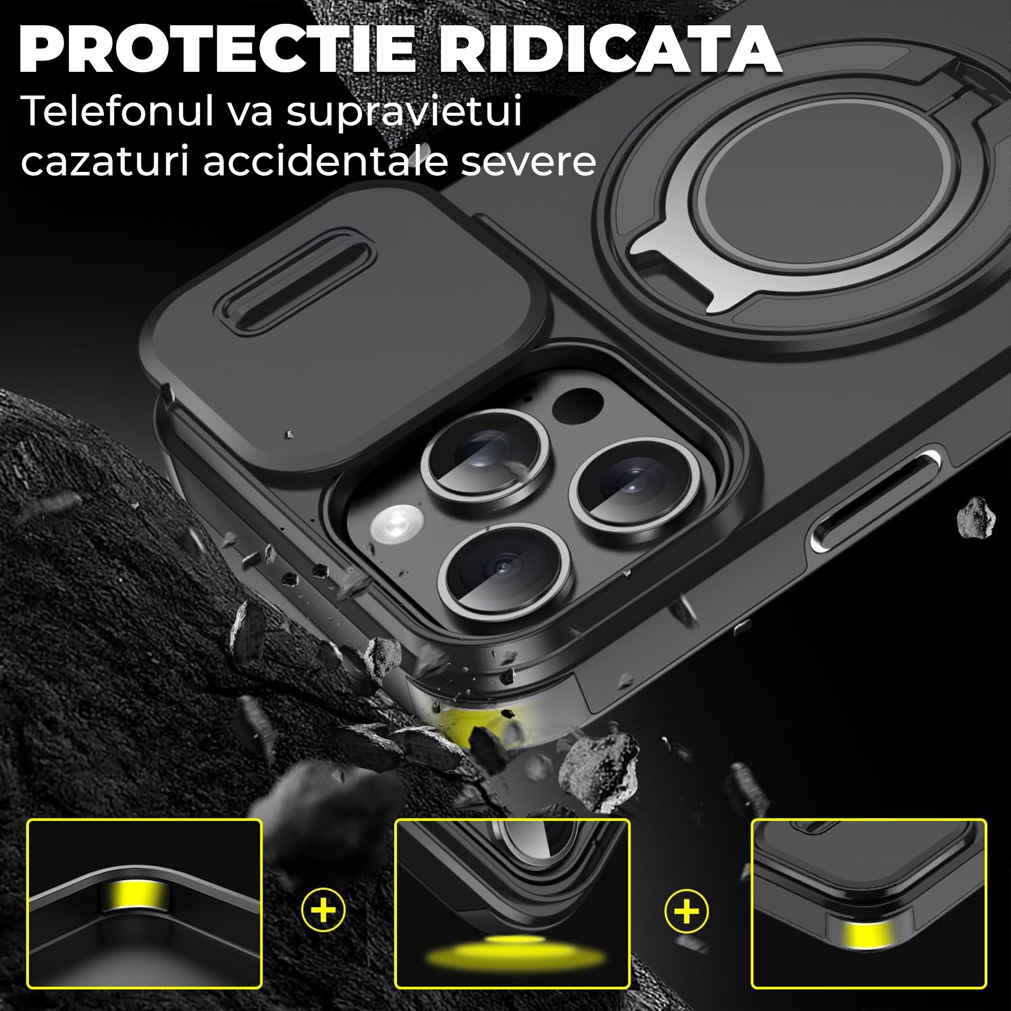 Husa iPhone 16 Pro Max Case, Carcasa Cu Suport Inel Metalic 360°, Compatibil Magsafe, Capac Camera, Prindere Auto, Protectie Antisoc Militara, Calitate Militara, Negru