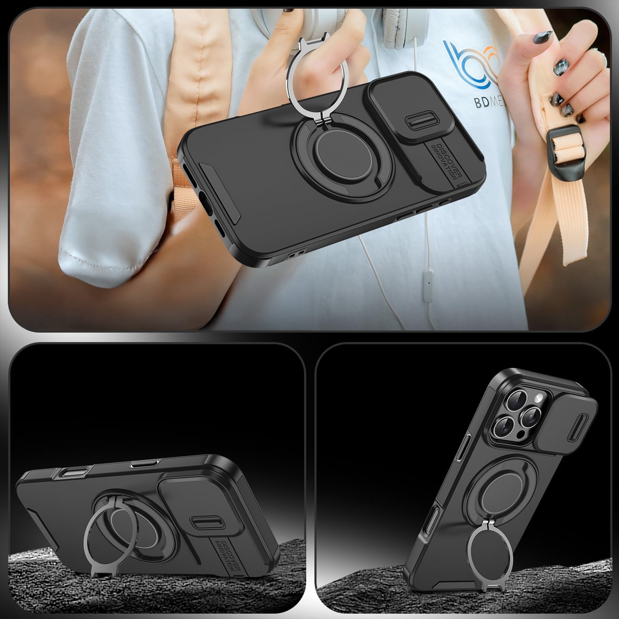 Husa iPhone 16 Pro Max Case, Carcasa Cu Suport Inel Metalic 360°, Compatibil Magsafe, Capac Camera, Prindere Auto, Protectie Antisoc Militara, Calitate Militara, Negru
