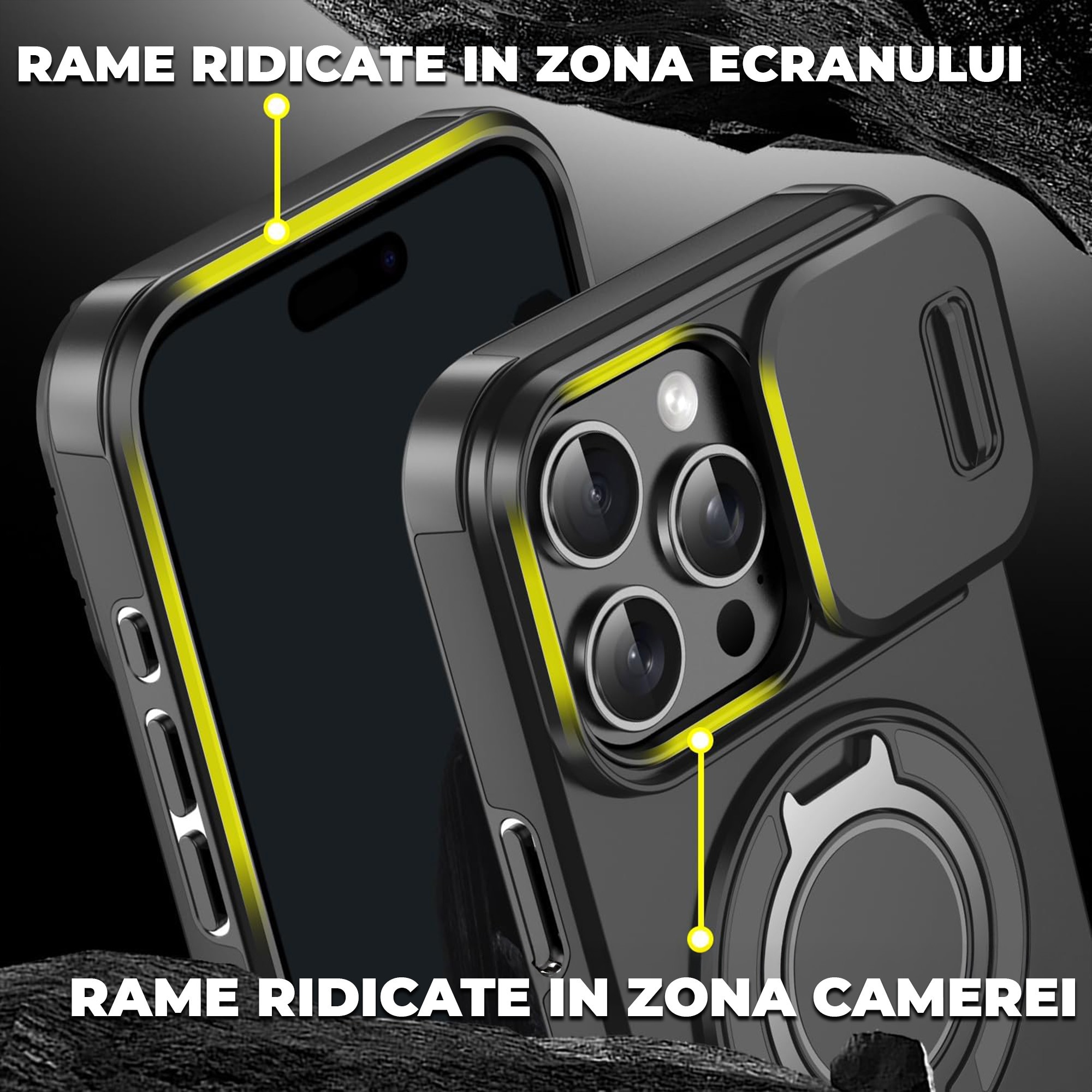 Husa iPhone 16 Pro Max Case, Carcasa Cu Suport Inel Metalic 360°, Compatibil Magsafe, Capac Camera, Prindere Auto, Protectie Antisoc Militara, Calitate Militara, Negru