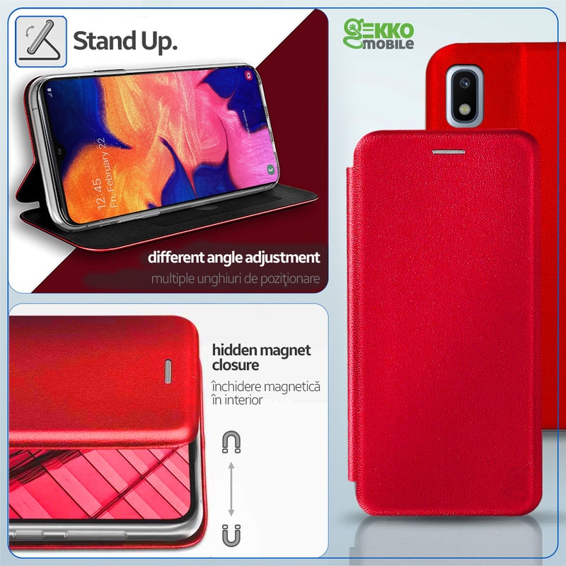 Husa pentru Samsung Galaxy A10 / M10, tip carte, inchidere Magnetica, buzunar Card, Functie Stand, Piele-Eco cu interior Microfibra, Flip Open, Rosie