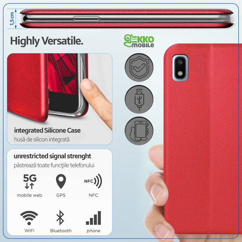 Husa pentru Samsung Galaxy A10 / M10, tip carte, inchidere Magnetica, buzunar Card, Functie Stand, Piele-Eco cu interior Microfibra, Flip Open, Rosie