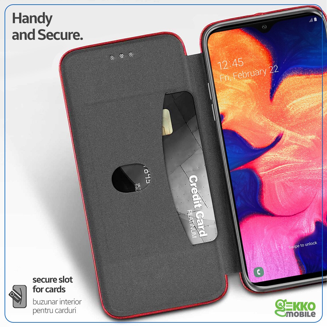 Husa pentru Samsung Galaxy A10 / M10, tip carte, inchidere Magnetica, buzunar Card, Functie Stand, Piele-Eco cu interior Microfibra, Flip Open, Rosie