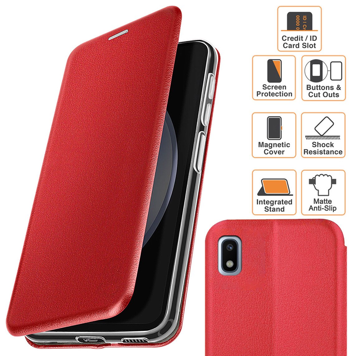 Husa pentru Samsung Galaxy A10 / M10, tip carte, inchidere Magnetica, buzunar Card, Functie Stand, Piele-Eco cu interior Microfibra, Flip Open, Rosie