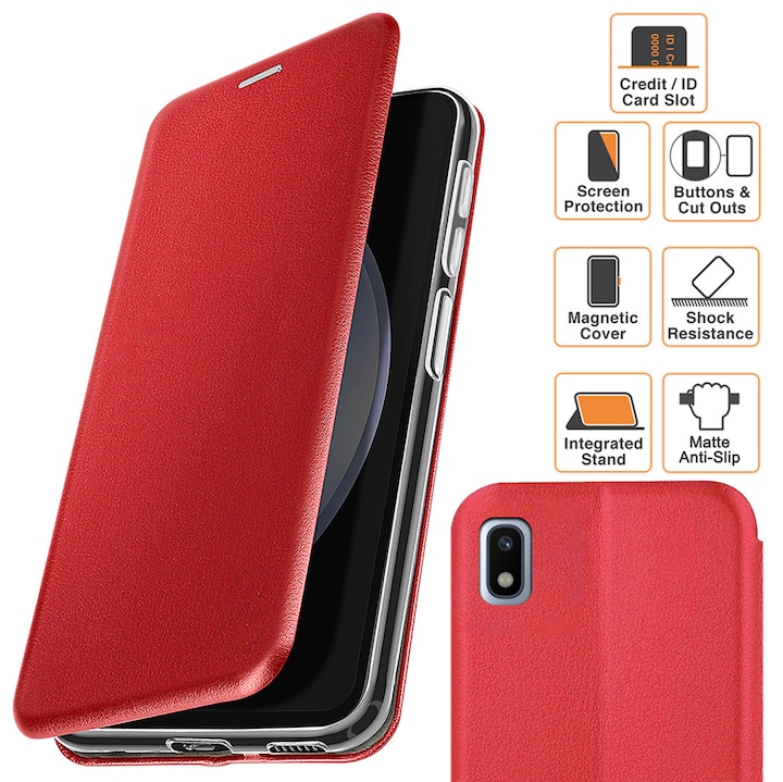 Husa pentru Samsung Galaxy A10 / M10, tip carte, inchidere Magnetica, buzunar Card, Functie Stand, Piele-Eco cu interior Microfibra, Flip Open, Rosie