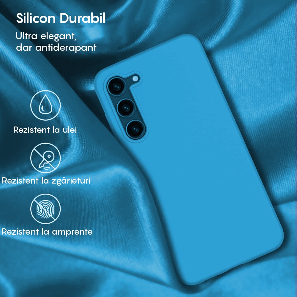 Husa CASEY STUDIOS™ compatibila cu Samsung Galaxy S24 Plus, Soft Silicone Premium, Microfibra in Interior, de Protectie, Ultra Slim, pentru Incarcare Wireless, Margini Ridicate pentru Protectia Ecranului si a Camerelor, Albastru aquamarin