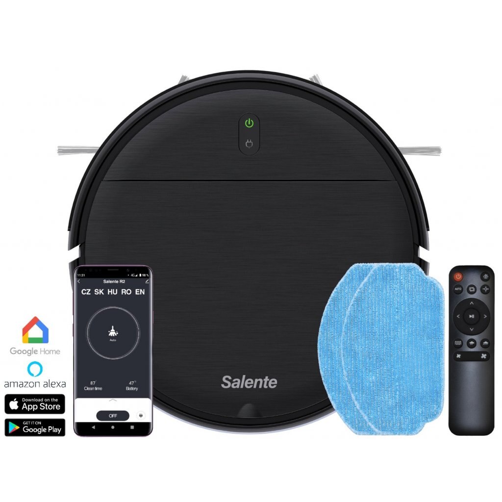 Robot de aspirare Salente R2 - WiFi, 28W, Aplicatie mobila in romana, Aspira si sterge simultan, 2500 mAh, Autonomie 110min, filtru HEPA, Negru