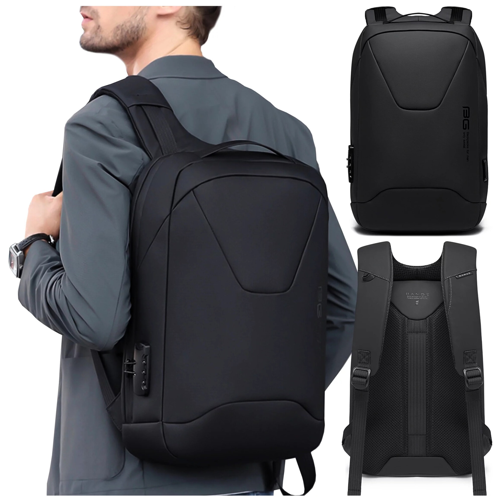 Rucsac pentru laptop 15.6" Bange, waterproof, 46x30x15 cm, capacitate 24L, cu sistem antifurt si port USB, negru