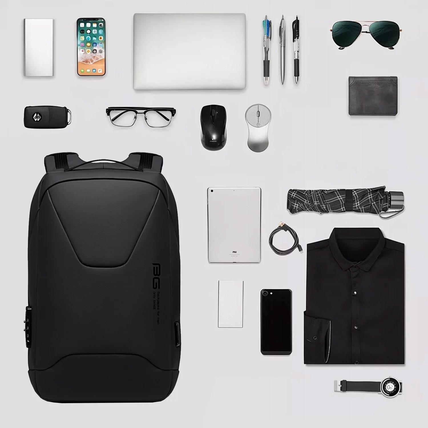 Rucsac pentru laptop 15.6" Bange, waterproof, 46x30x15 cm, capacitate 24L, cu sistem antifurt si port USB, negru