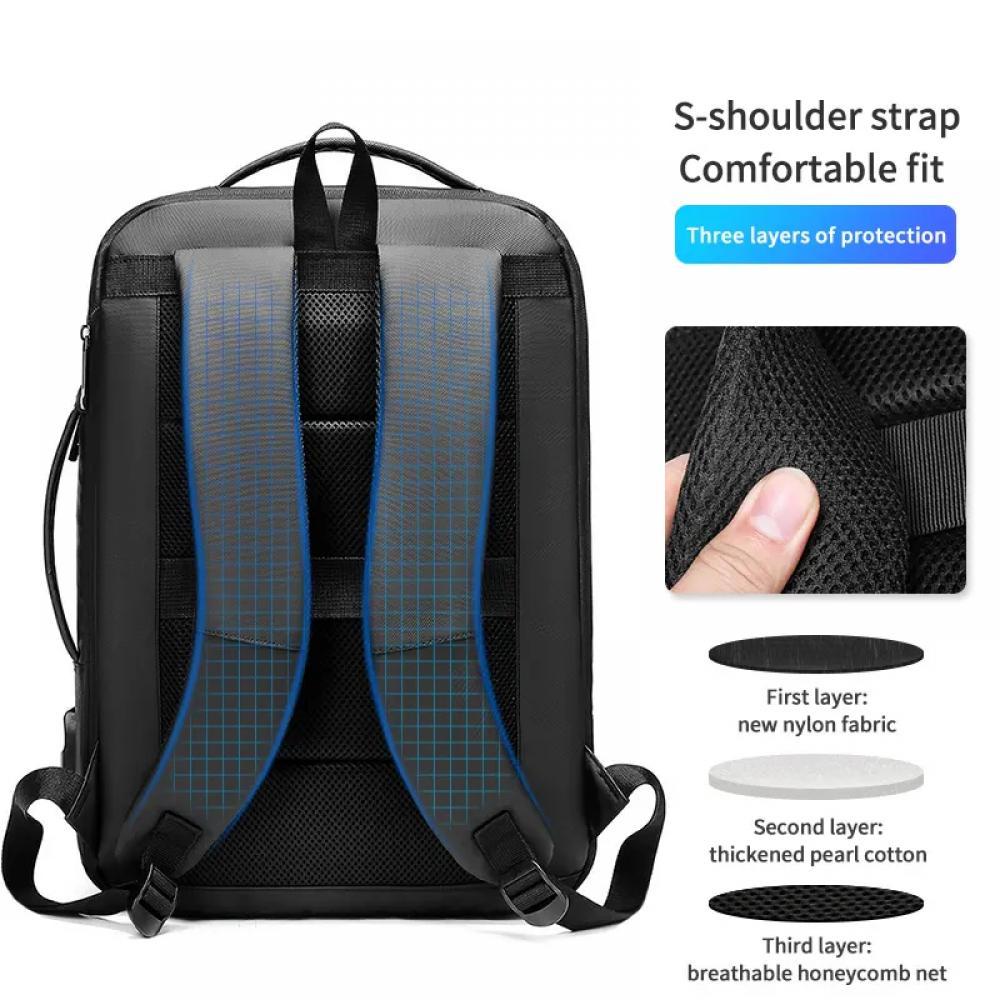 Rucsac pentru laptop 15.6 inch si tableta 7.9 inch, MingLu, extensibil 19-29L, port USB, impermeabil, unisex, spatios, calatorie, scoala sau servici, negru