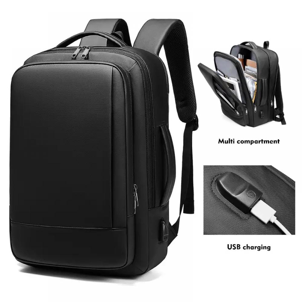 Rucsac pentru laptop 15.6 inch si tableta 7.9 inch, MingLu, extensibil 19-29L, port USB, impermeabil, unisex, spatios, calatorie, scoala sau servici, negru