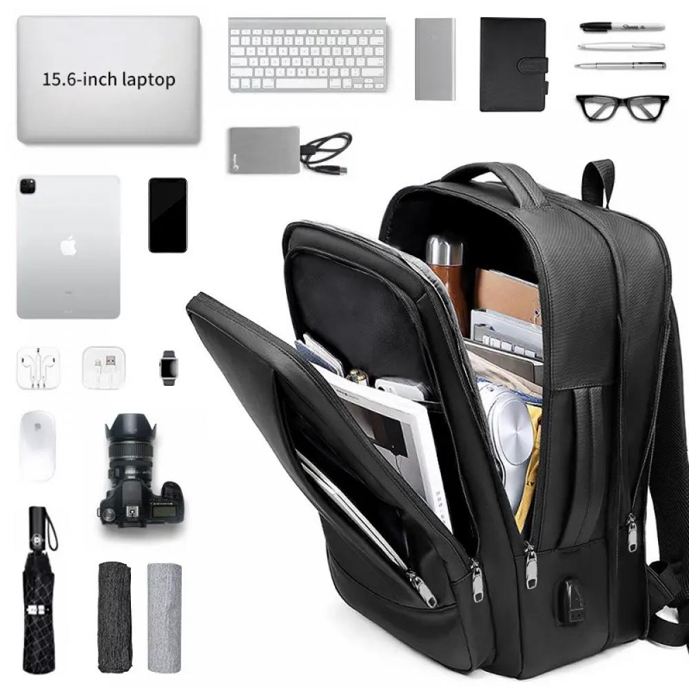 Rucsac pentru laptop 15.6 inch si tableta 7.9 inch, MingLu, extensibil 19-29L, port USB, impermeabil, unisex, spatios, calatorie, scoala sau servici, negru