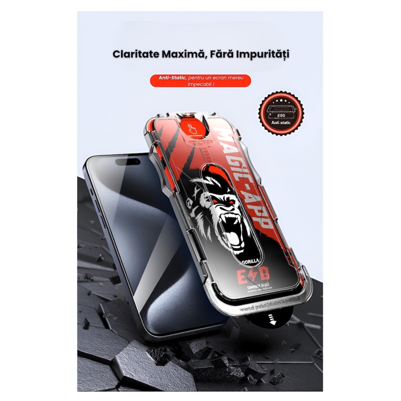 Folie Sticla Securizata, Compatibil cu iPhone 17 Pro Max, Gorila X instalare usoara cu dispozitiv EASYAPP pentru indepartarea prafului, Anti-zgarieturi, Anti-amprenta, anti-explozie, Anti-soc, Anti-ulei, Anti-orbire
