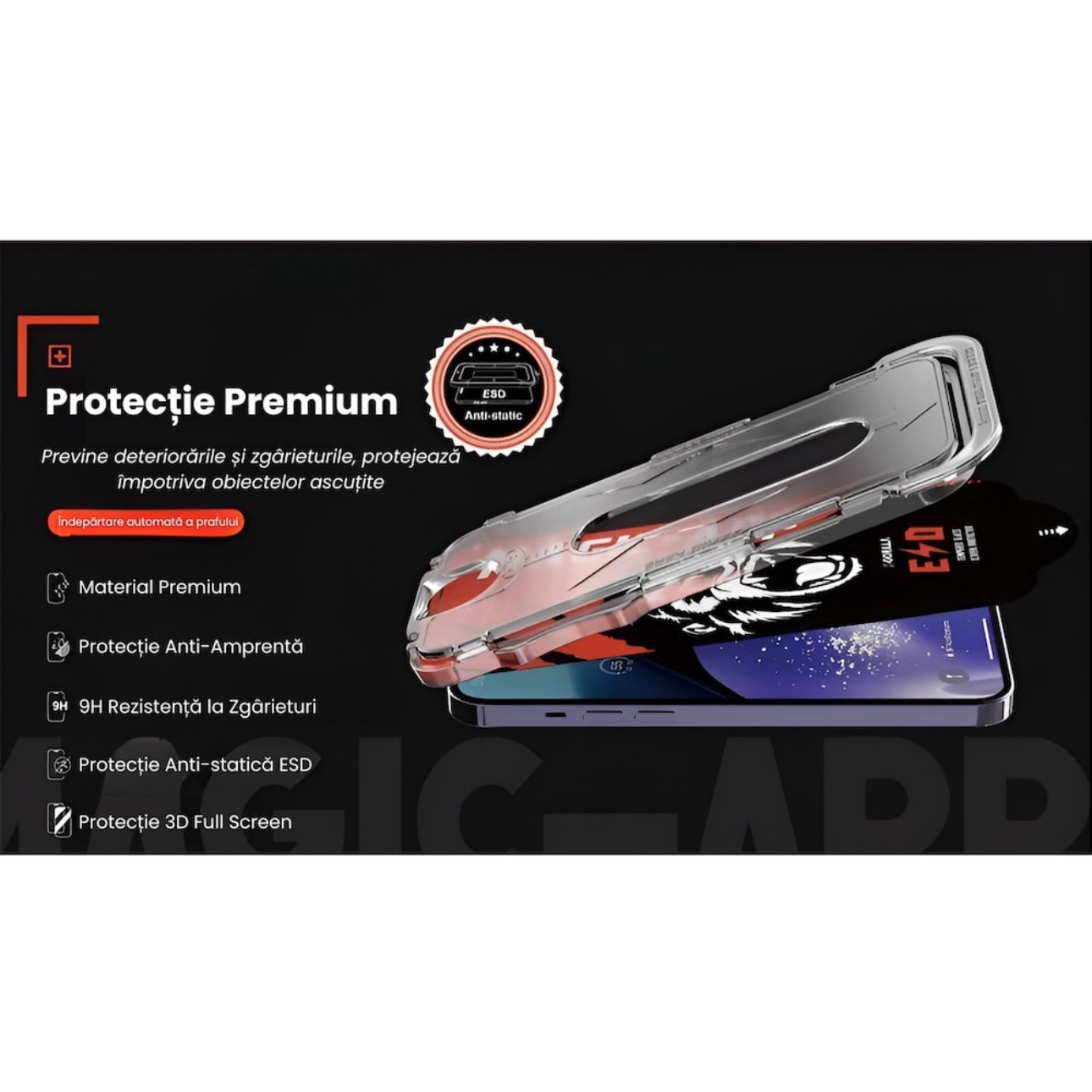 Folie Sticla Securizata, Compatibil cu iPhone 17 Pro Max, Gorila X instalare usoara cu dispozitiv EASYAPP pentru indepartarea prafului, Anti-zgarieturi, Anti-amprenta, anti-explozie, Anti-soc, Anti-ulei, Anti-orbire