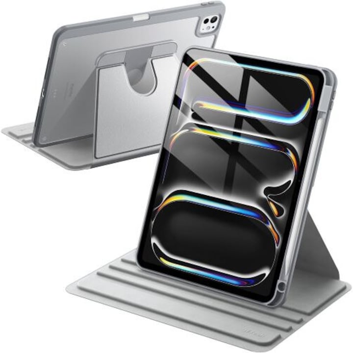 Husa 360 Smart Cover compatibila cu iPad Pro 13" M4/M5 2024/2025, Pencil Slot Rebound, Wake-Sleep, Camera Protection, Gri