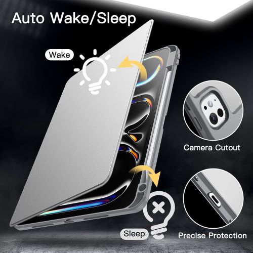 Husa 360 Smart Cover compatibila cu iPad Pro 11" M4/M5 2024/2025, Pencil Slot Rebound, Wake-Sleep, Camera Protection, Gri