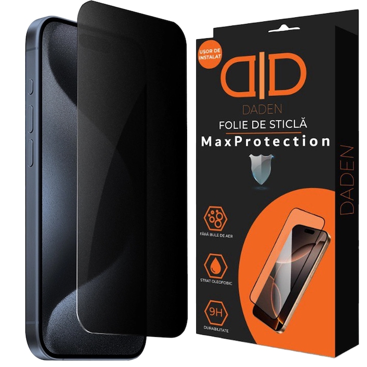 Folie Sticla Privacy pentru iPhone 16 Pro Max Daden MaxProtection, Full Cover, Protectie Profesionala, Ultra Rezistenta, Calitate Premium, Margini negre