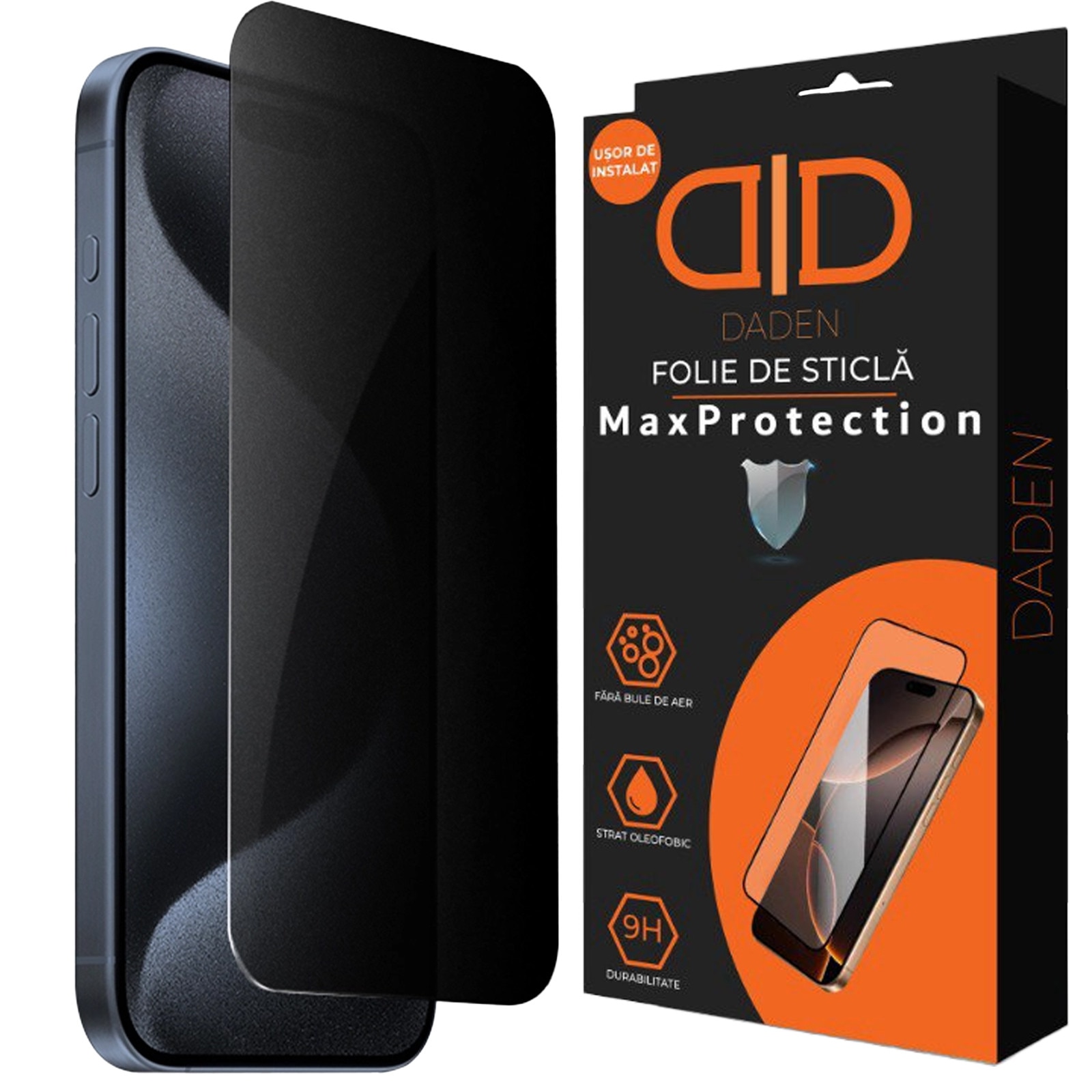 Folie Sticla Privacy pentru iPhone 16 Pro Max Daden MaxProtection, Full Cover, Protectie Profesionala, Ultra Rezistenta, Calitate Premium, Margini negre