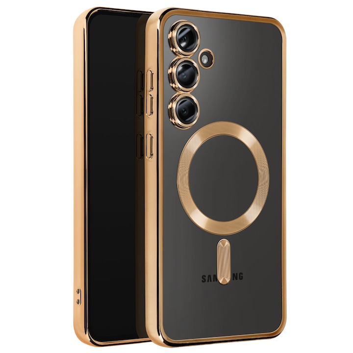 Husa pentru Samsung Galaxy A26 DaDen® MagSafe Luxury cu protectie camera, Incarcare wireless, Ultra Protectie, Transparent cu margini aurii