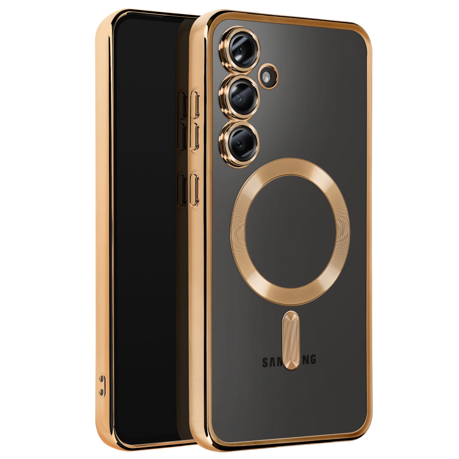 Husa pentru Samsung Galaxy A26 DaDen® MagSafe Luxury cu protectie camera, Incarcare wireless, Ultra Protectie, Transparent cu margini aurii