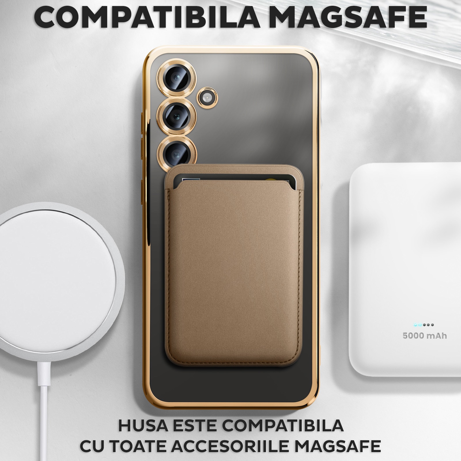 Husa pentru Samsung Galaxy A26 DaDen® MagSafe Luxury cu protectie camera, Incarcare wireless, Ultra Protectie, Transparent cu margini aurii