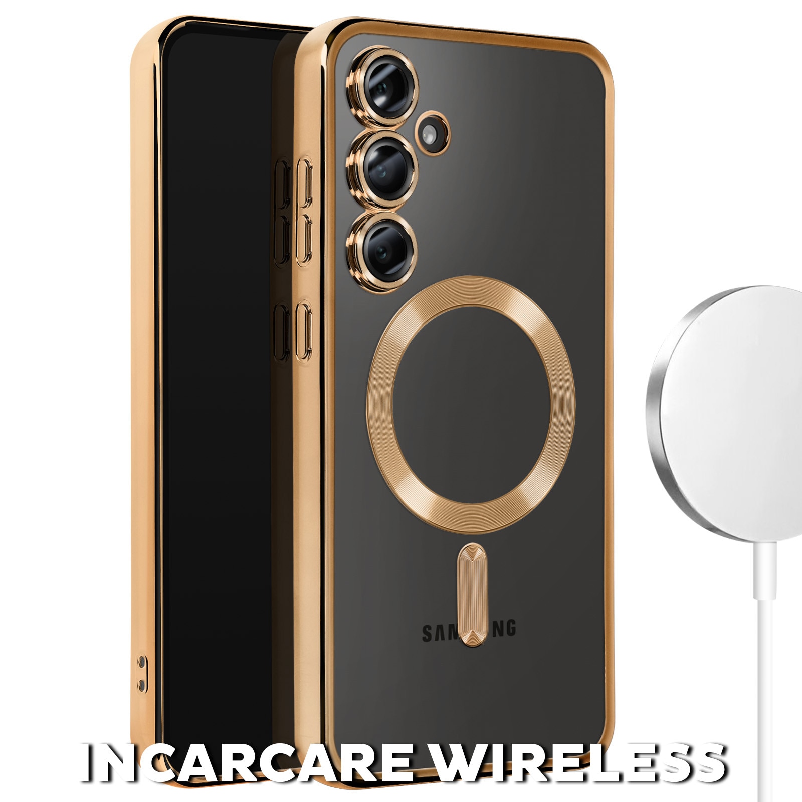 Husa pentru Samsung Galaxy A26 DaDen® MagSafe Luxury cu protectie camera, Incarcare wireless, Ultra Protectie, Transparent cu margini aurii