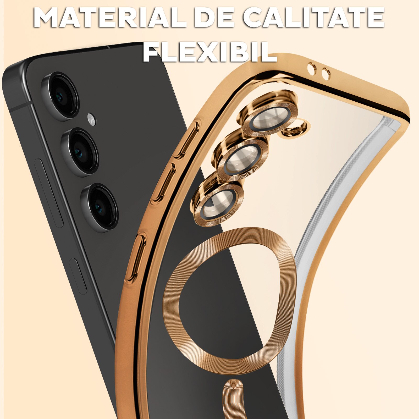 Husa pentru Samsung Galaxy A26 DaDen® MagSafe Luxury cu protectie camera, Incarcare wireless, Ultra Protectie, Transparent cu margini aurii
