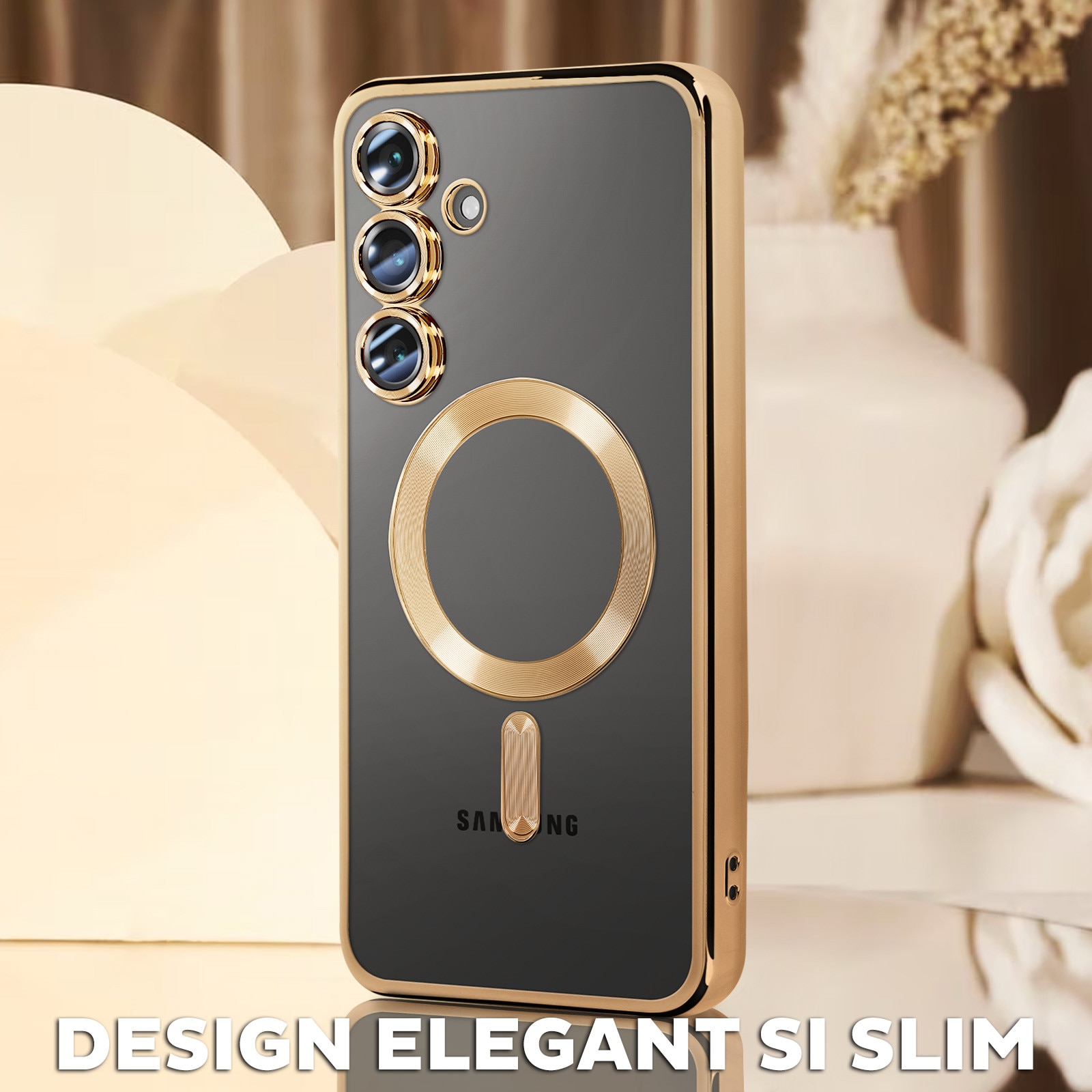 Husa pentru Samsung Galaxy A26 DaDen® MagSafe Luxury cu protectie camera, Incarcare wireless, Ultra Protectie, Transparent cu margini aurii