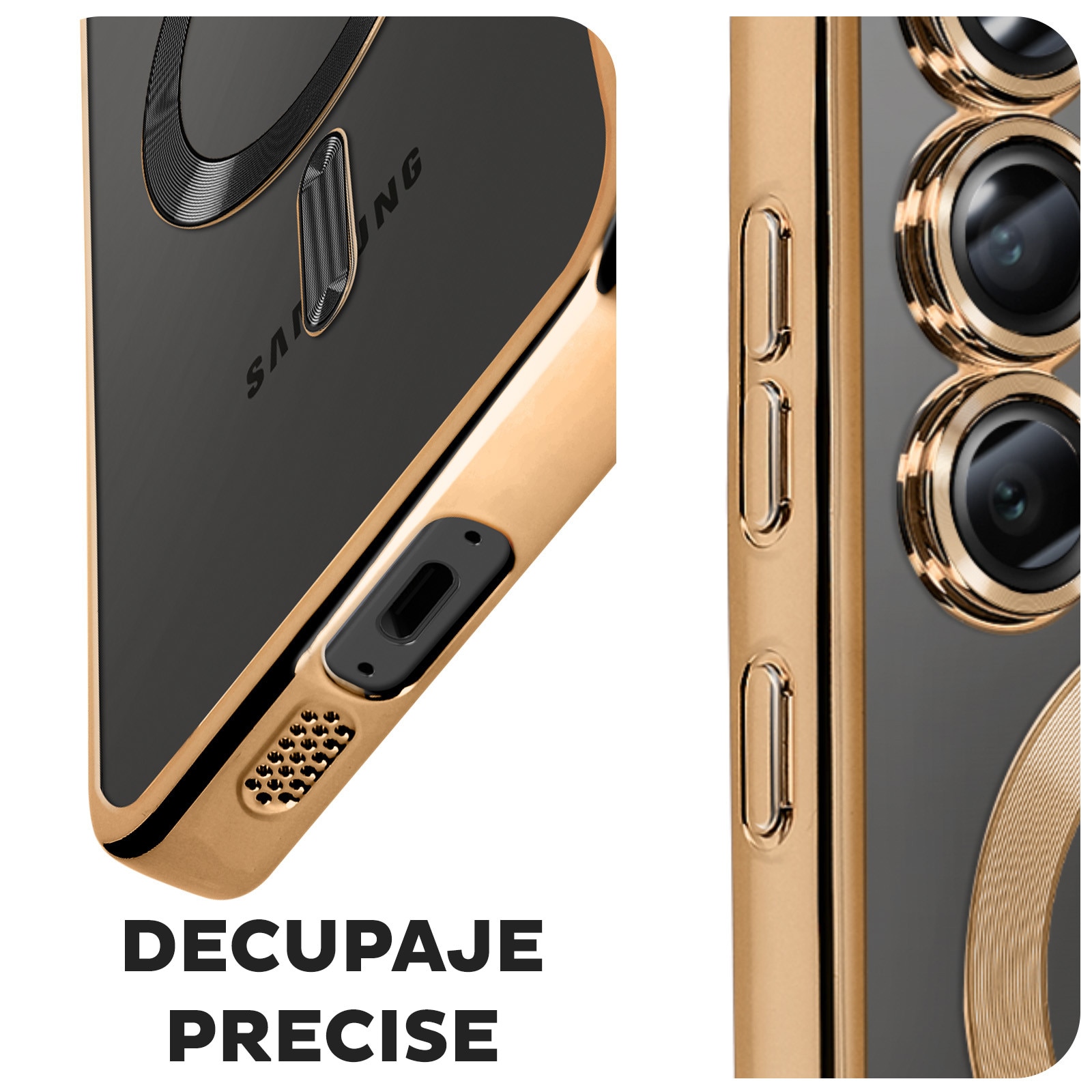Husa pentru Samsung Galaxy A26 DaDen® MagSafe Luxury cu protectie camera, Incarcare wireless, Ultra Protectie, Transparent cu margini aurii