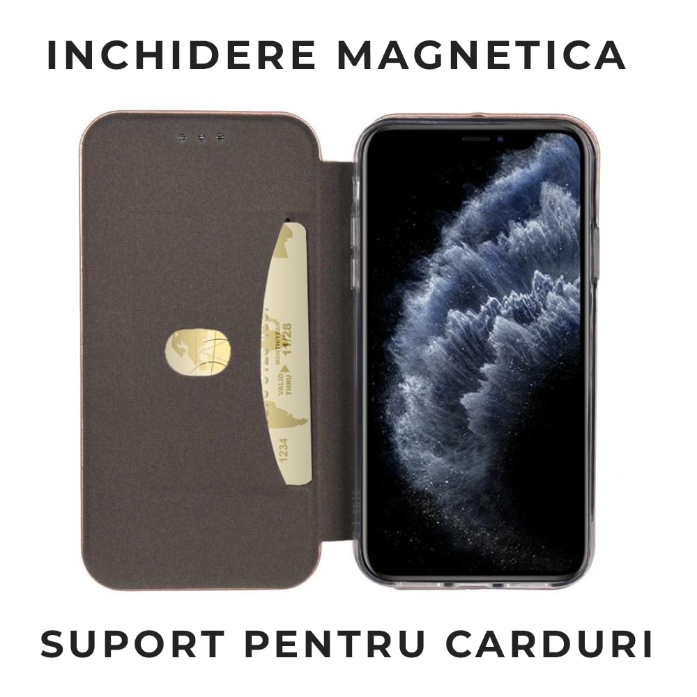 Husa de protectie PremiumCell Tip carte pentru Samsung A14, Suport card, Functie de Stand si Inchidere Magnetica, Protectie Sporita, Visiniu