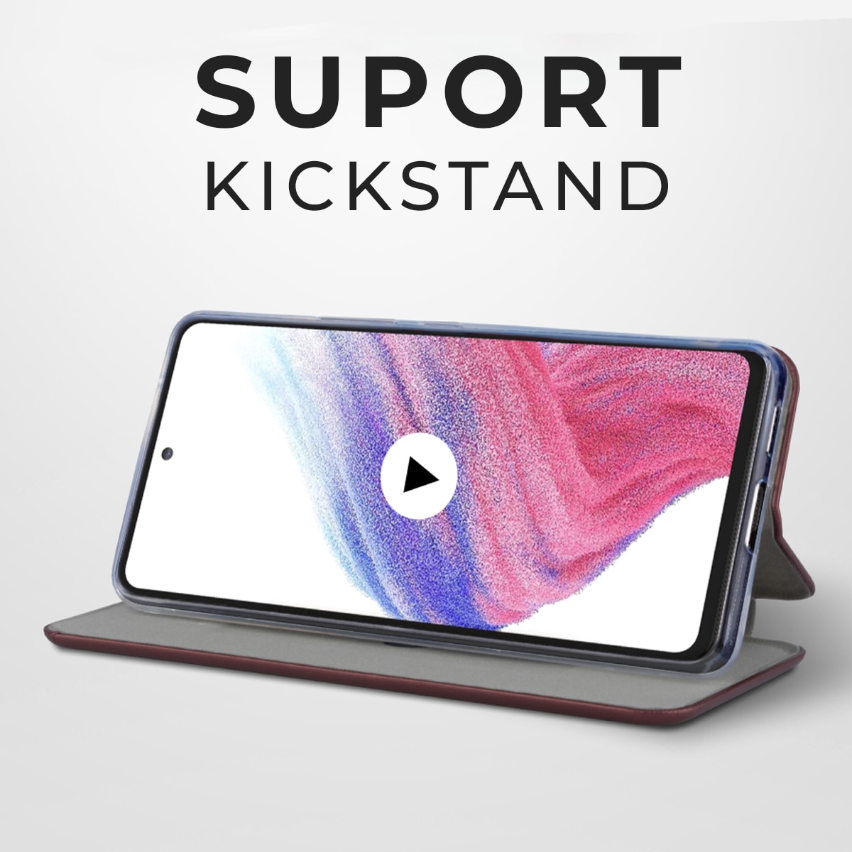 Husa de protectie PremiumCell Tip carte pentru Samsung A14, Suport card, Functie de Stand si Inchidere Magnetica, Protectie Sporita, Visiniu