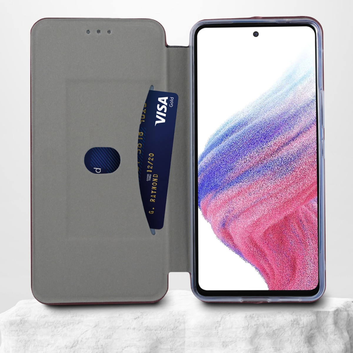 Husa de protectie PremiumCell Tip carte pentru Samsung A14, Suport card, Functie de Stand si Inchidere Magnetica, Protectie Sporita, Visiniu