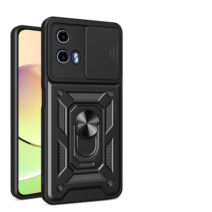 Husa telefon, Slide Camera Lens Cover, 360 Rotating Kickstand Ring, suport montare magnetica, neagra, pentru Motorola Moto G34 5G