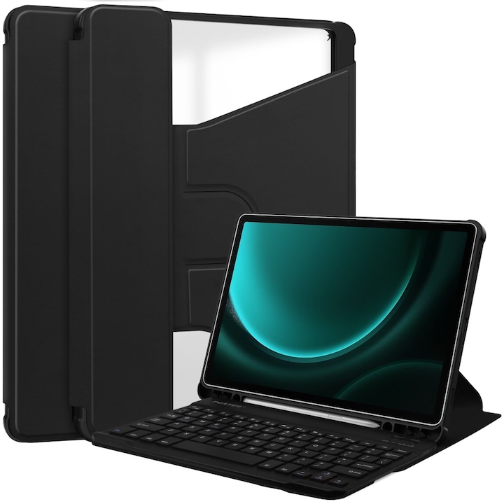Husa cu tastatura pentru Samsung Galaxy Tab S9 FE+ Plus, XGSM, Piele, Rotativa 360°, Negru
