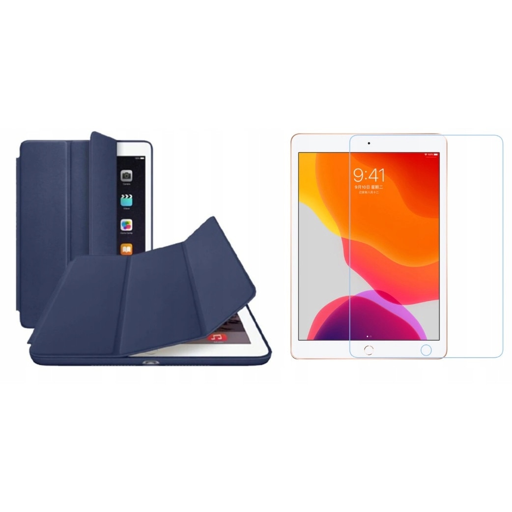 Set husa tableta/folie de protectie, Piele ecologica, Compatibil cu Apple iPad, 10.2 inch, Albastru inchis