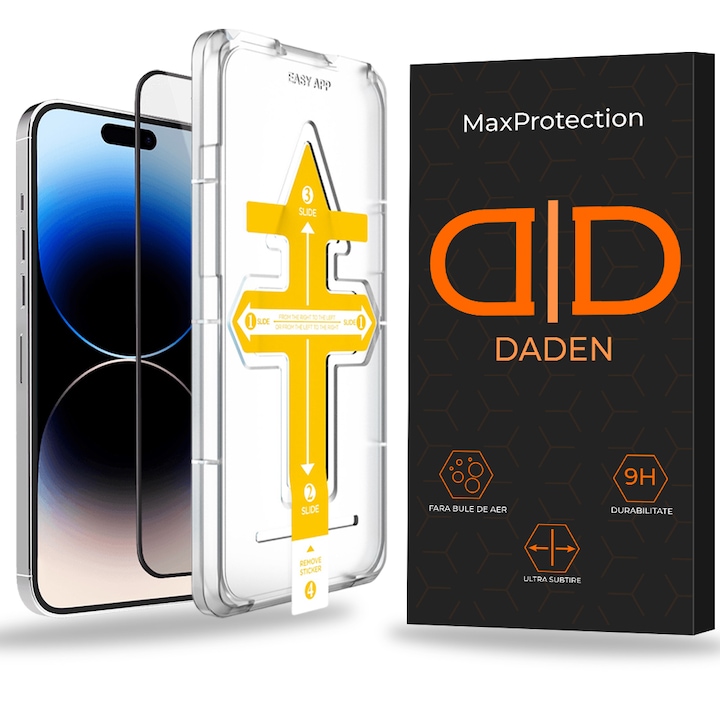 Set doua Folii de Protectie Daden® instalare usoara din Sticla Temperata Premium pentru iPhone 14 Pro, Kit instalare rapida, Easy App, Protectie Profesionala, Ultra Rezistenta, Calitate Premium