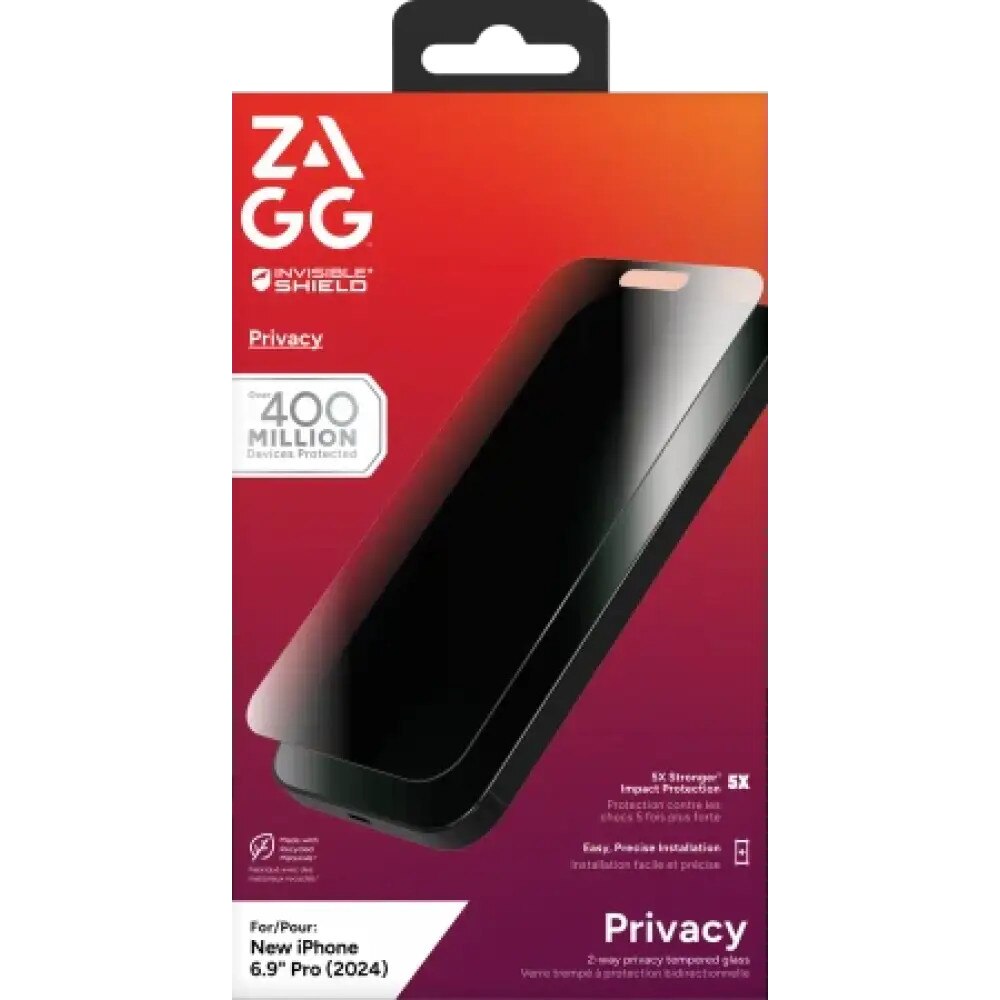 Folie de protectie Zagg Glass Elite Privacy pentru iPhone 16 Pro Max, rezistenta la zgarieturi, instalare usoara, transparenta