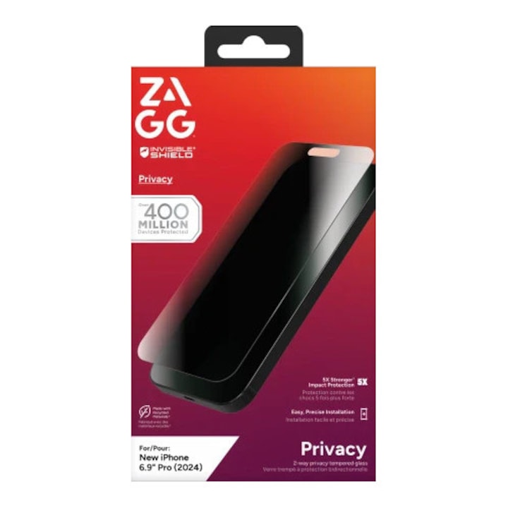 Folie de protectie Zagg Glass Elite Privacy pentru iPhone 16 Pro Max, rezistenta la zgarieturi, instalare usoara, transparenta