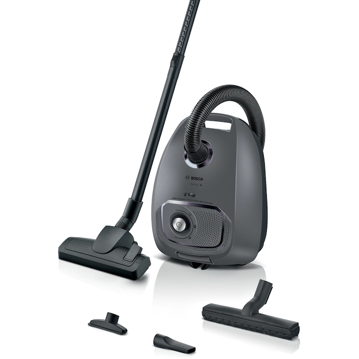 Aspirator cu sac BOSCH BGL41GR3H, 600 W, Sac 4 l, Filtru HEPA, Cablu retractabil 8m Grafit