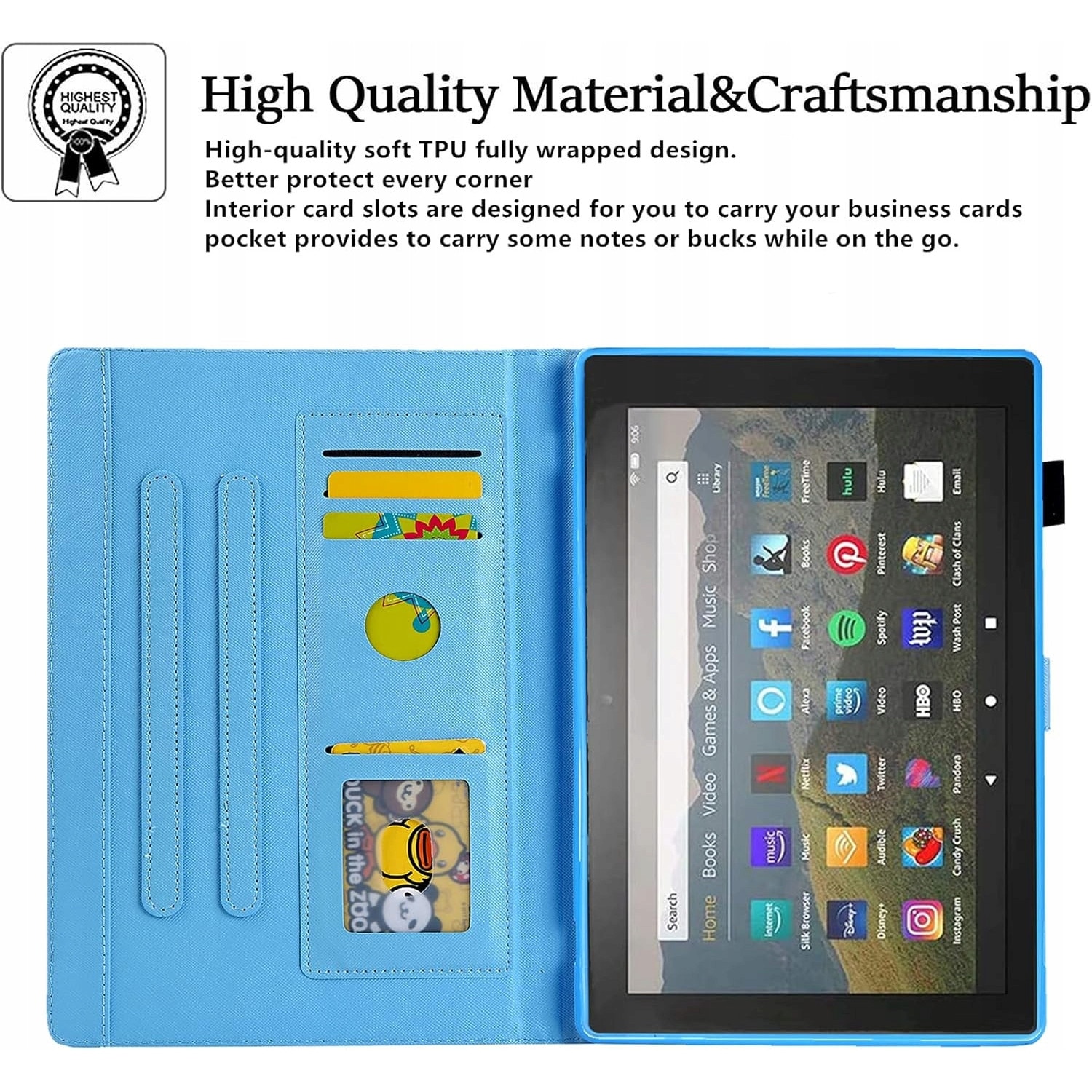 Husa tableta Amazon HD10/HD10 Plus 2021, albastra, cu compartimente pentru carduri