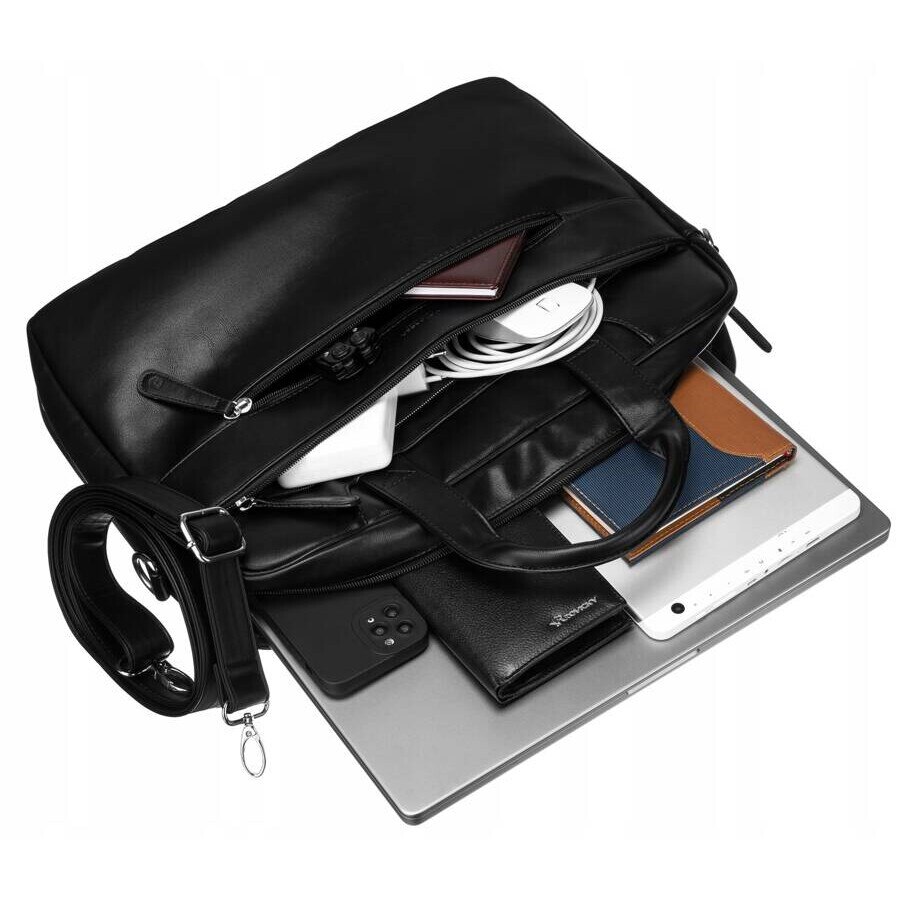 Geanta laptop, Peterson, 14 inch, ecologica, cu multiple compartimente, neagra